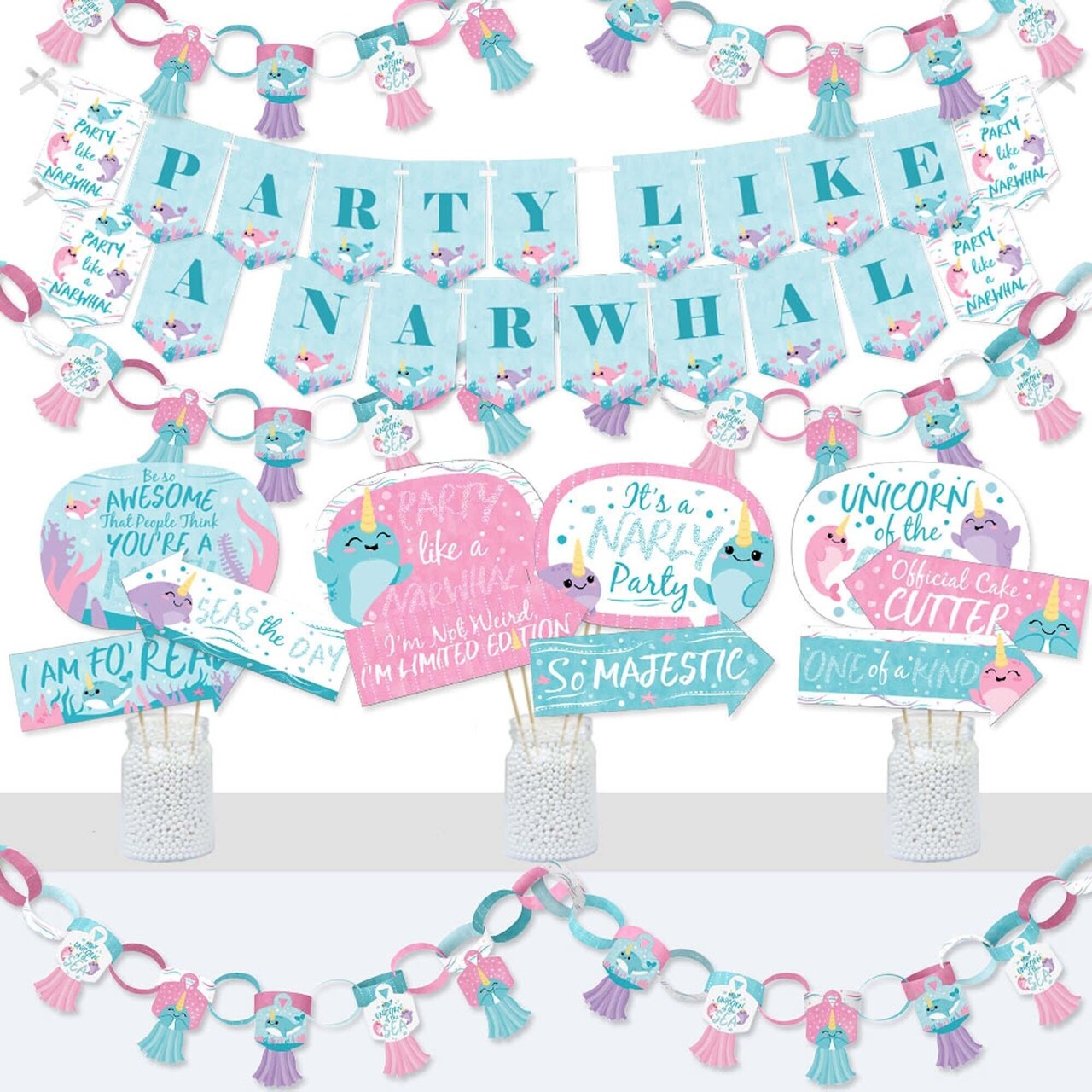 Big Dot of Happiness Narwhal Girl - Banner and Photo Booth Decorations - Under The Sea Baby Shower or Birthday Party Supplies Kit - Doterrific Bundle